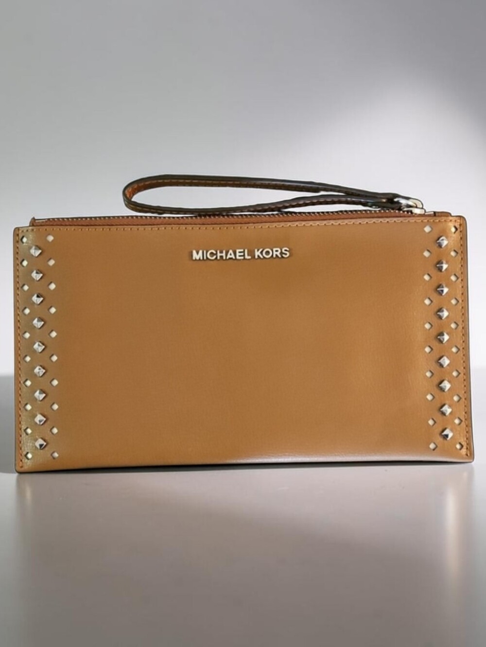 Michael Kors Camel Leather Wristlet with Silver Studs